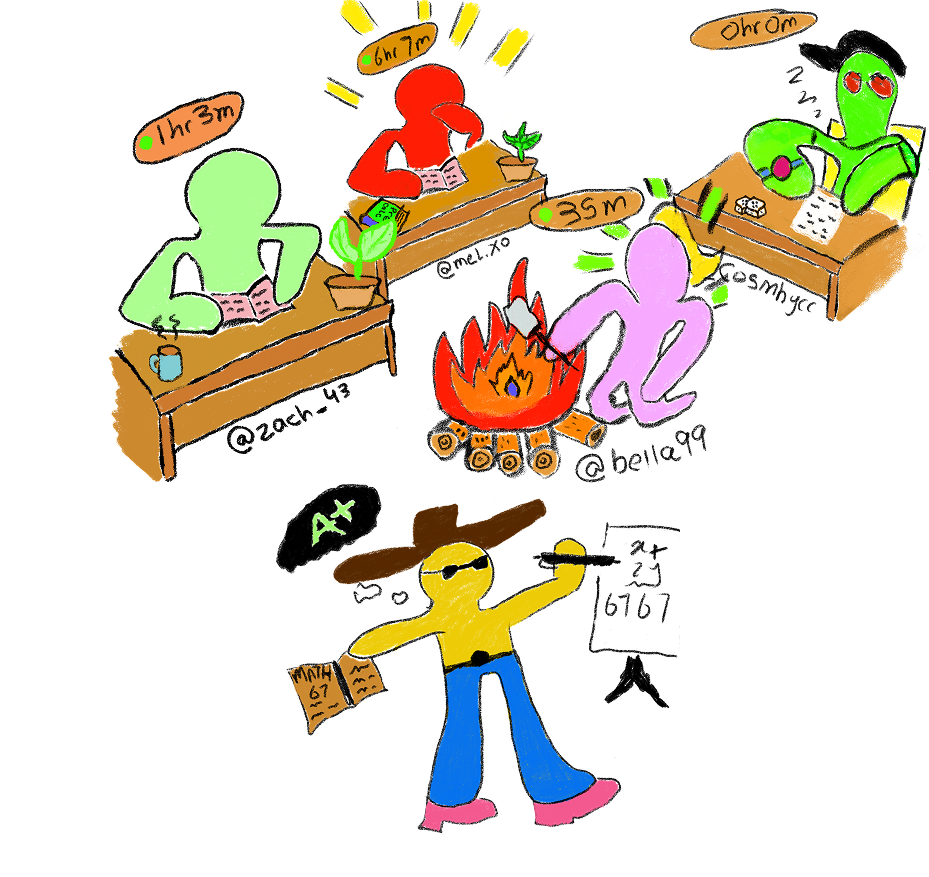 Stooodents studying together at desks around a bonfire, each with a timer above their head.